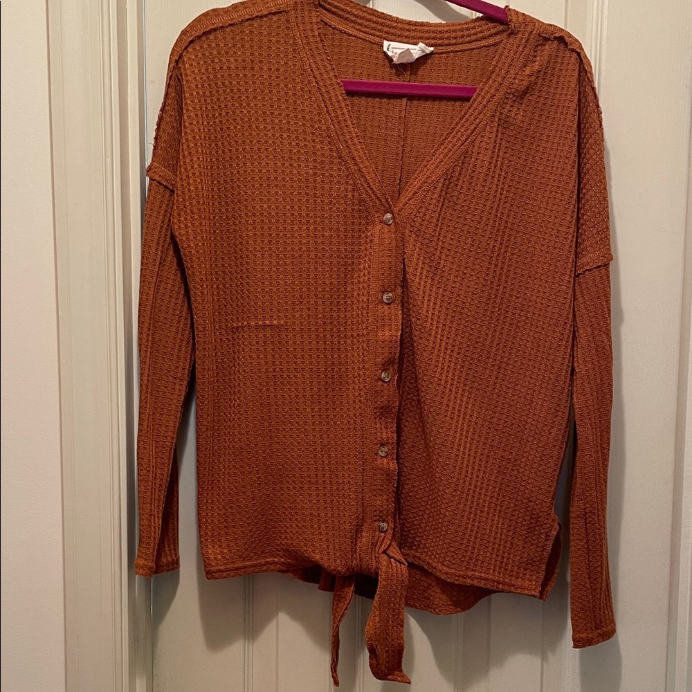 Rust Waffle knit Button-front Top